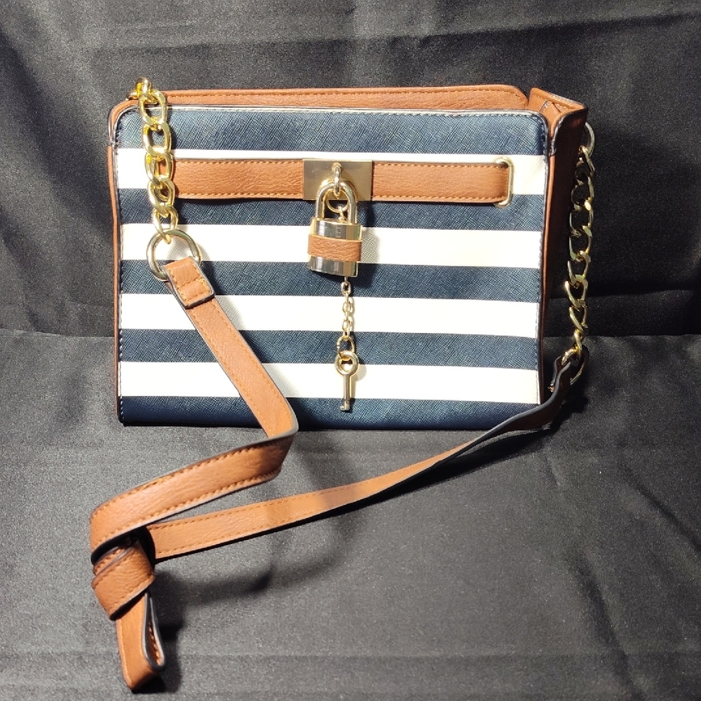 Call it Spring Nautical Navy & White Crossbody Bag with gold Lock & Key Accents